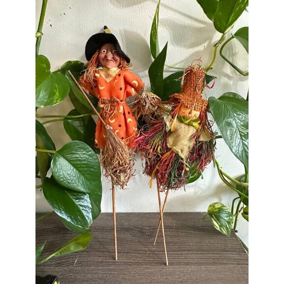 Halloween Witch and Scarecrow Raffia Plant Picks - Picture 1 of 9